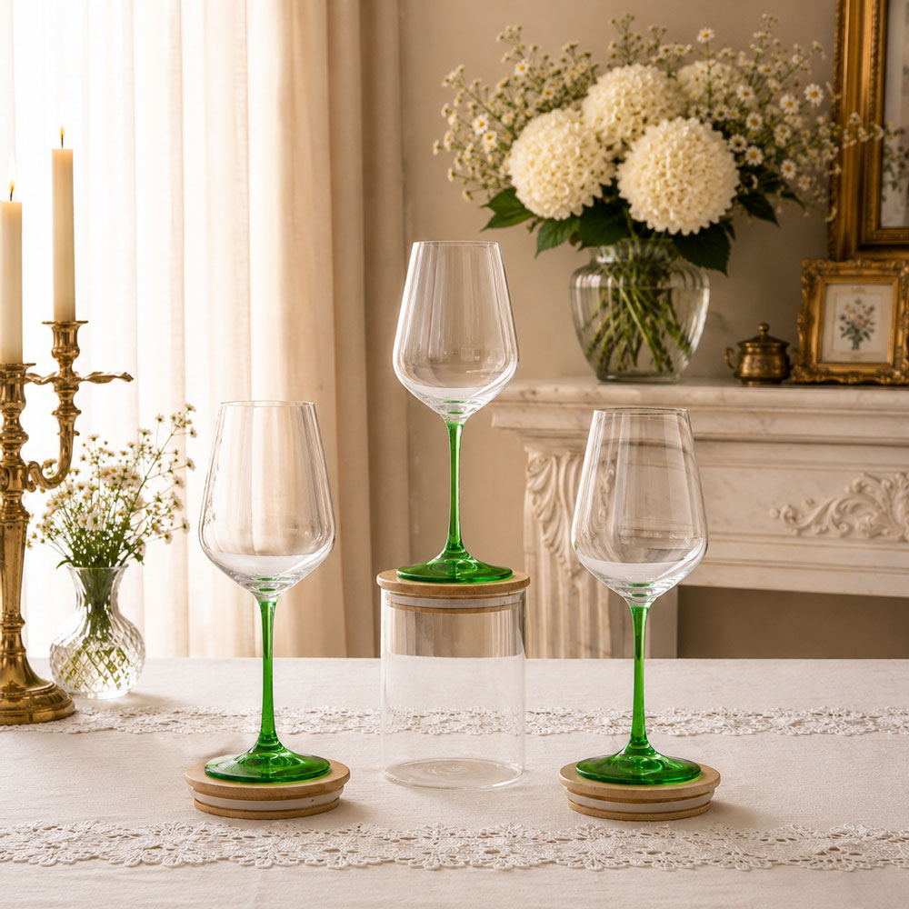 កែវស្រាប្រណិត ដងពណ៌បៃតង Crystal Glass